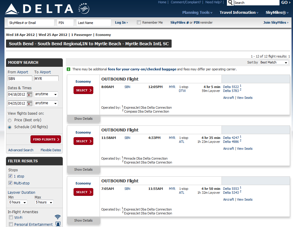 New "clean" look for DELTA flight searches at Eye of the Flyer