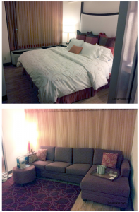 a bed and couch in a room