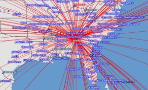 a map with red lines and blue text