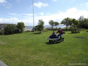 a man riding a cart on a lawn