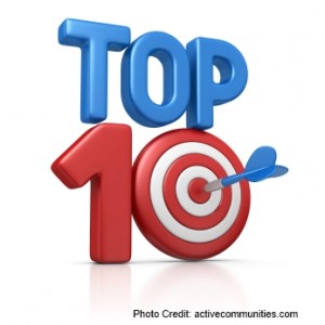 a red and blue text with a dart in the center of a target