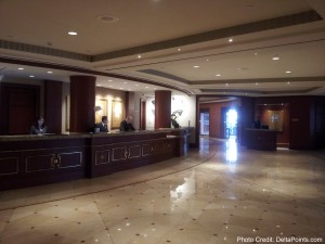 a reception desk in a hotel