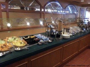 a buffet table with food on it