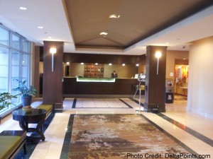 a lobby with a reception desk