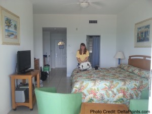 a woman standing on a bed