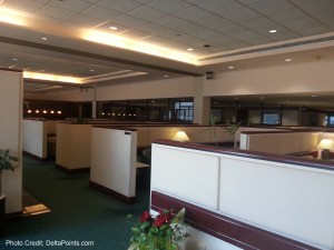 an office space with white walls