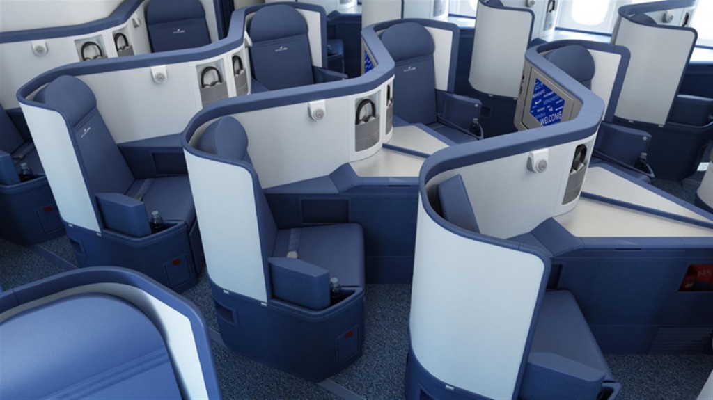 a close-up of a blue and white airplane
