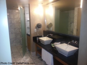 a bathroom with two sinks