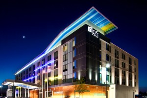 a building with lights at night