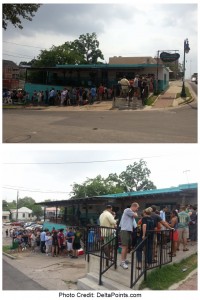 a group of people standing outside a building