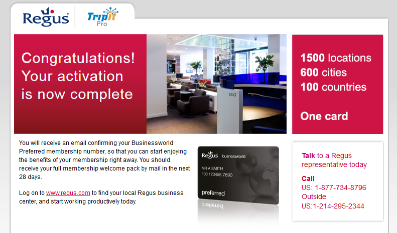 1 year FREE Regus lounge access from TripIt pro