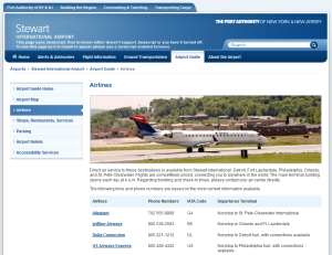 stewart int airport what airlines fly to here