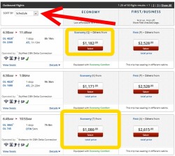 delta sorts price by schedule by default