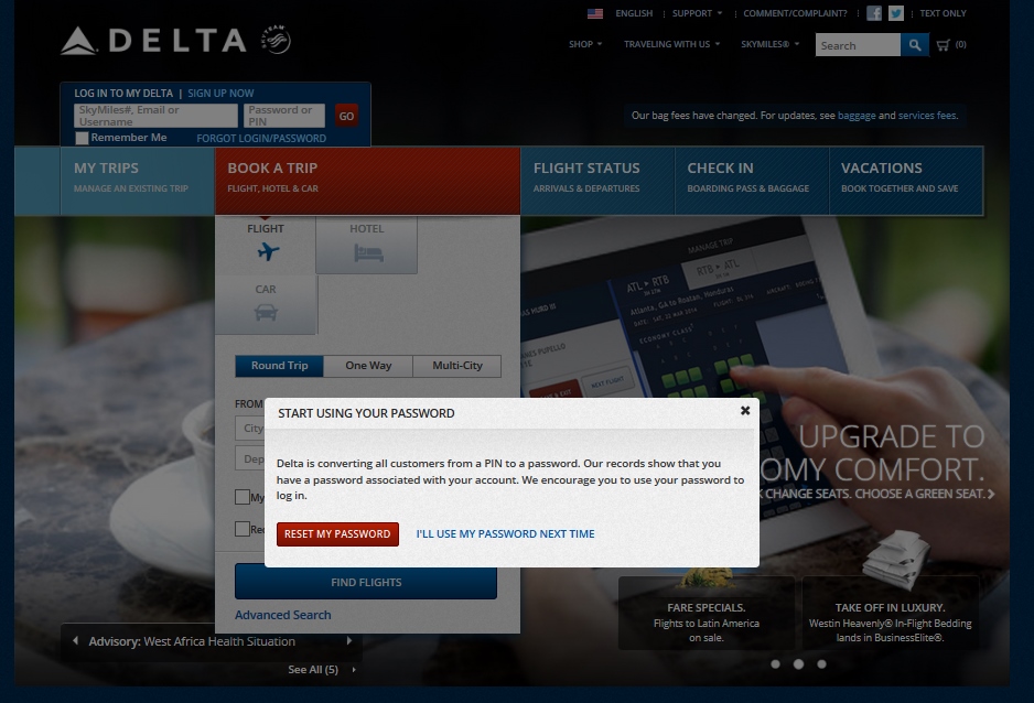 Delta is forcing us away from PIN to PASSWORD login security.