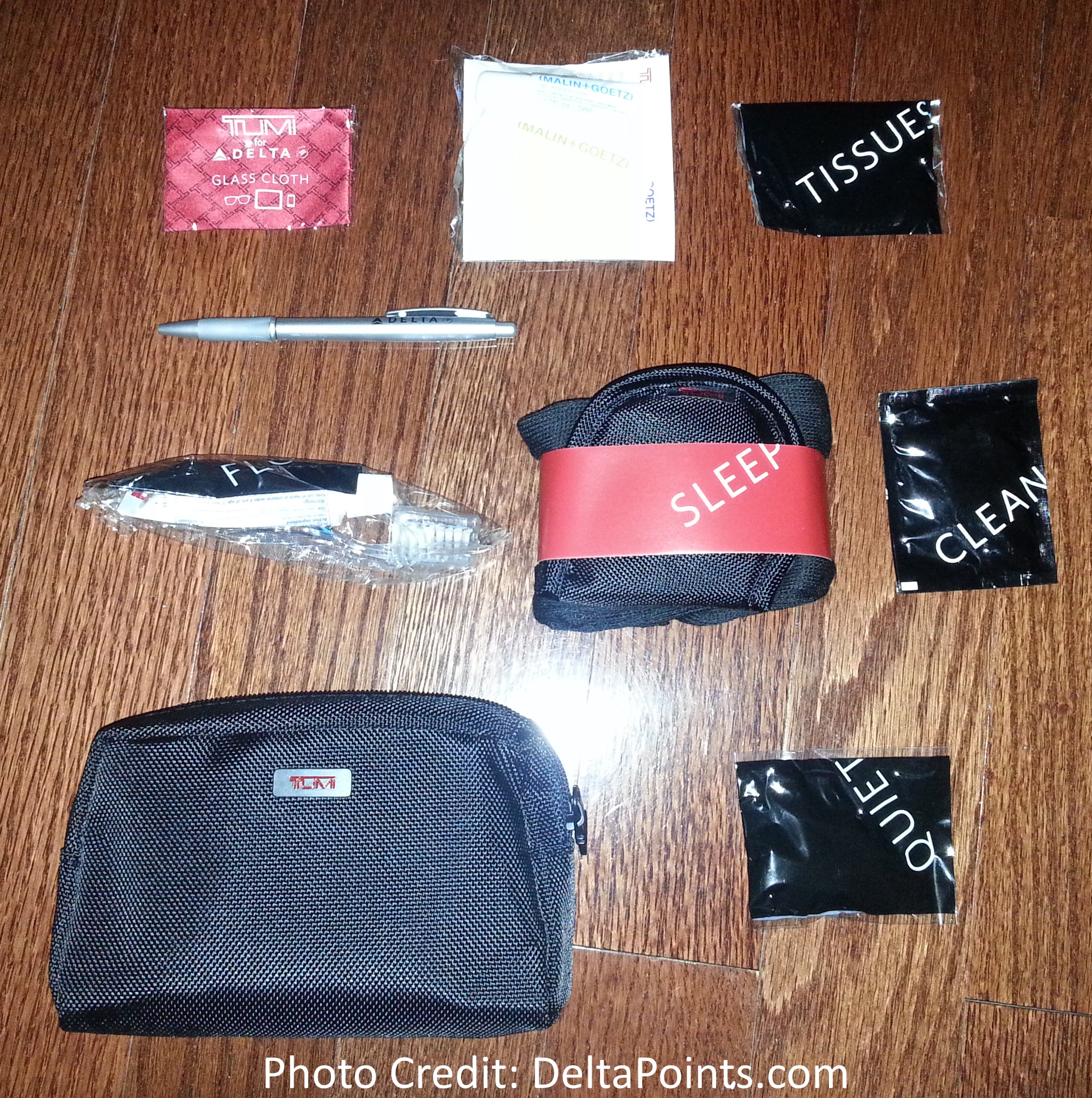 A Delta Air Lines Tumi amenity kit for Delta One passengers.