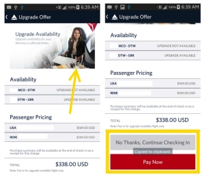 delta selling upgrades at checkin on fly delta app