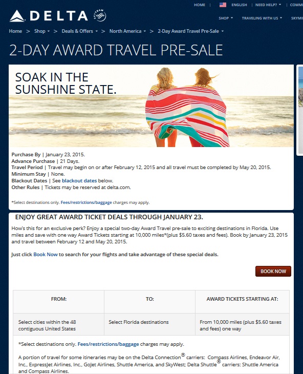 Delta puts USA to Florida on 2 day sale for 10,000 points (one way) for elites & Delta AMEX card holders
