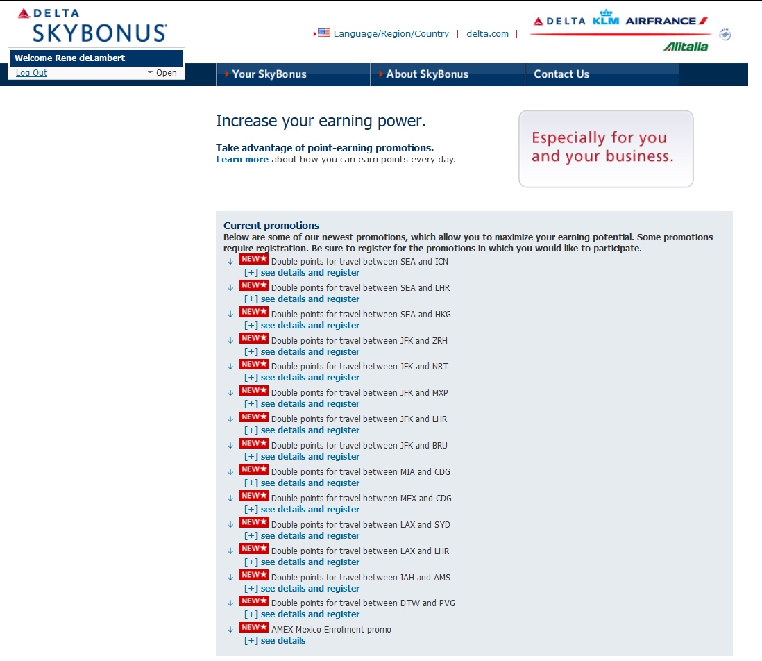 Lots of Double Delta SKYBONUS offers – register before you book. (could be targeted)