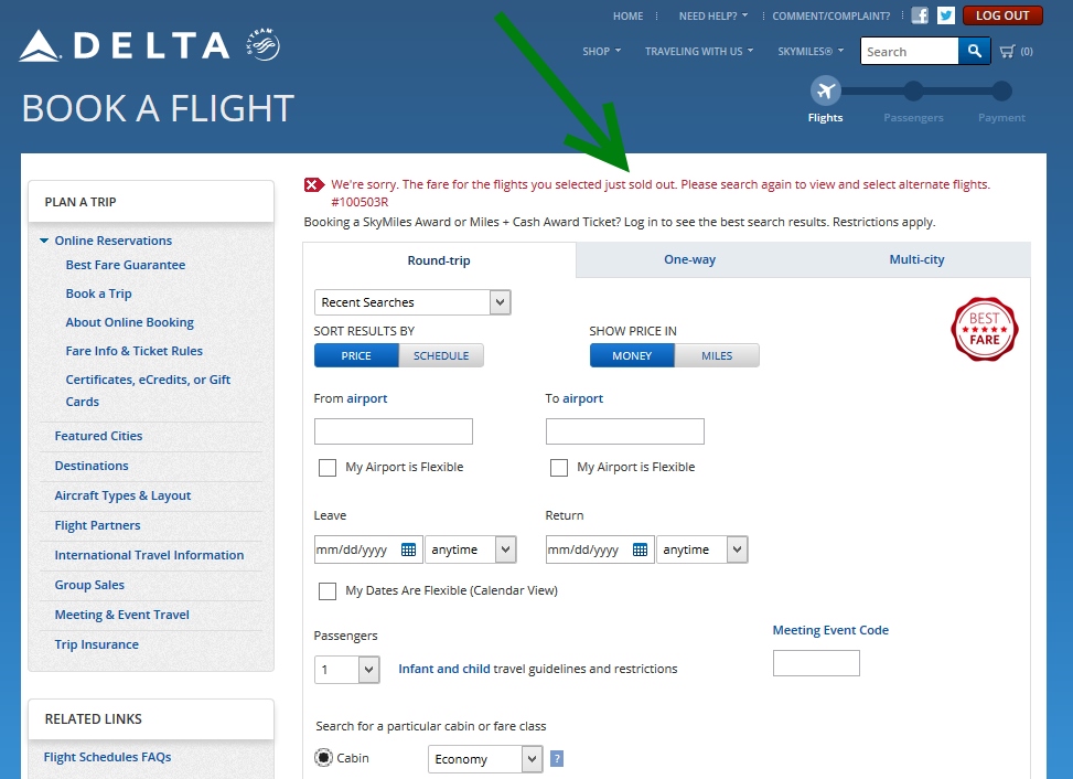 Delta’s award booking “Bait and Switch” is alive & well. (So much for a working award page).