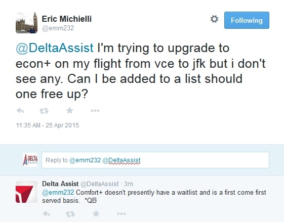 Should there be an upgrade list for Delta Comfort+™ seats?