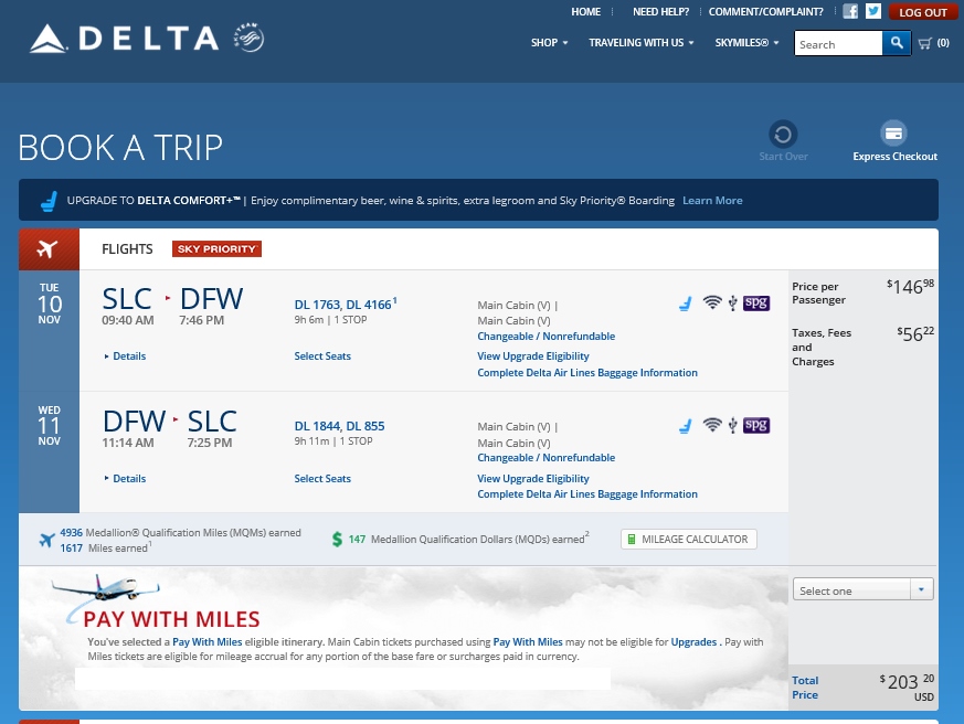 Salt Lake City to Dallas $203 & 4936 MQMs at 4.1CPM weekday overnight Delta Elite Mileage Run