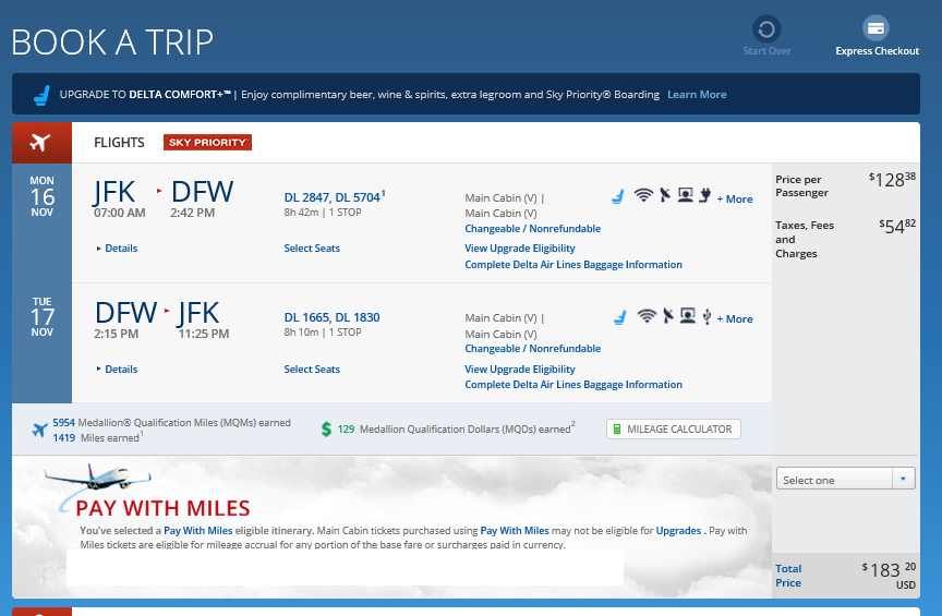 New York to Dallas $178 & 5954MQMs at 2.9CPM Weekend +1 Delta Elite Mileage Run