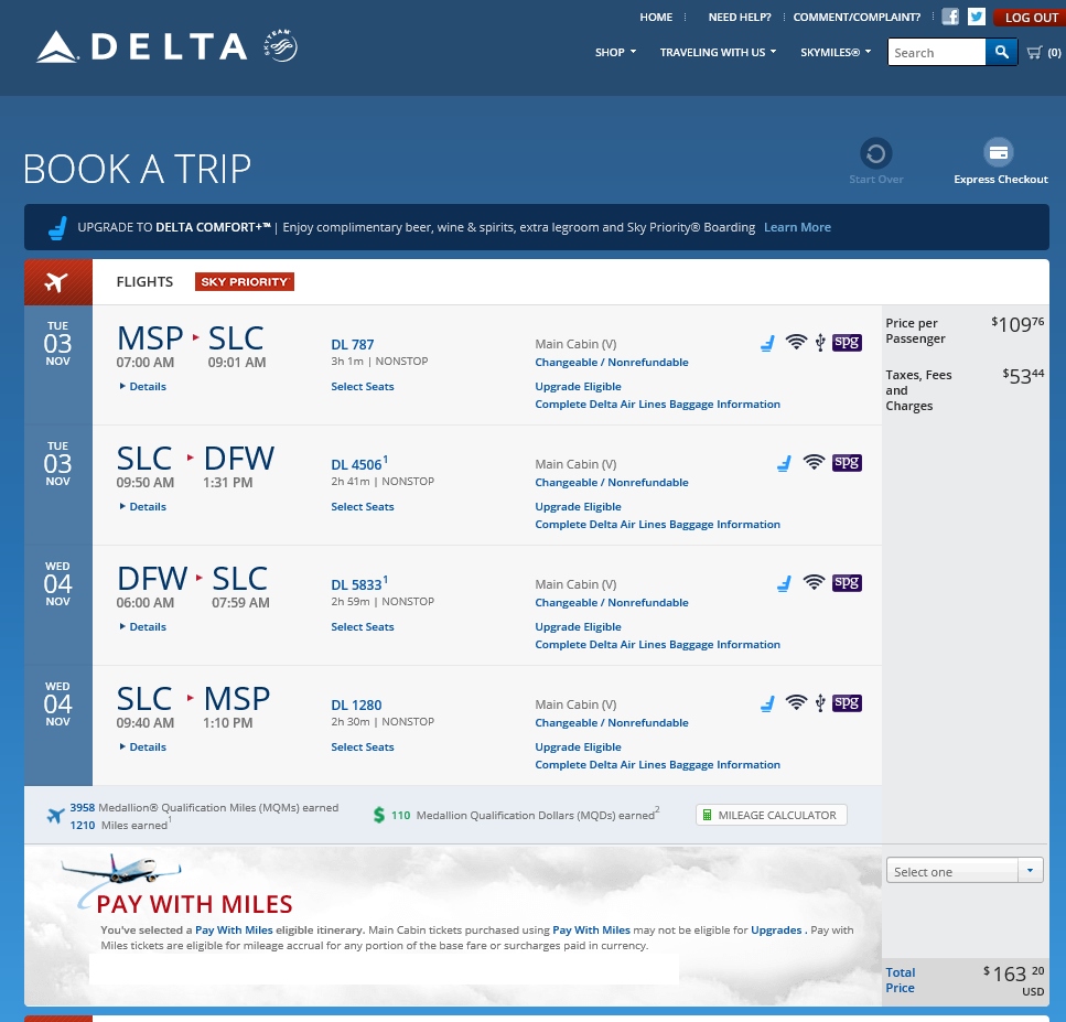 Minneapolis to Dallas $163 & 3958MQMs at 4.1CPM weekend / weekday Delta Elite Mileage Run
