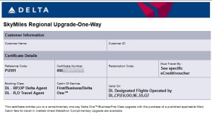 delta skymiles regional upgrade certificate one-way pu591