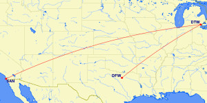 DFW-DTW-SAN March Mileage Run RouteMap