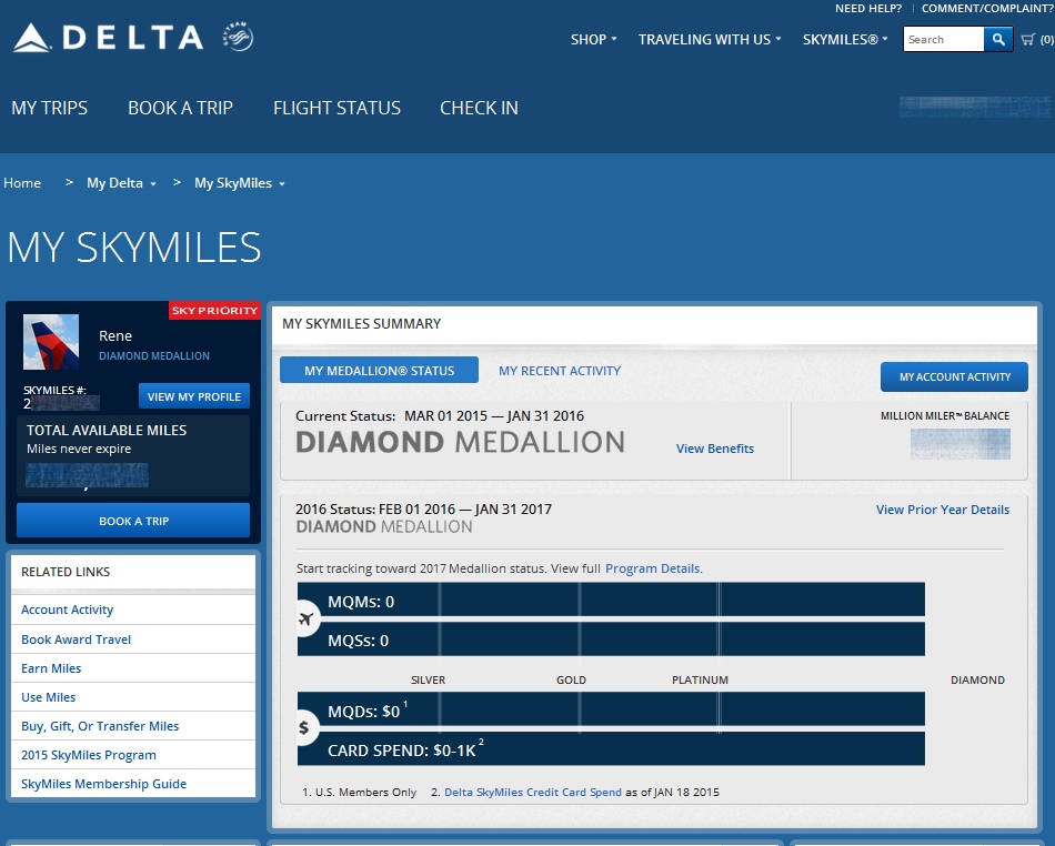 my delta skymiles page at Eye of the Flyer