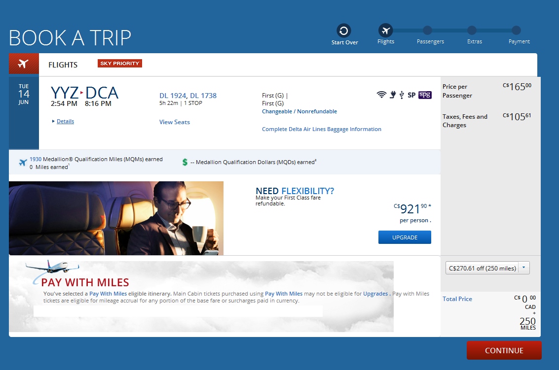 Smok’in Delta deal. Pay With Miles in 1st class earning MQMs for just 250 SkyMiles