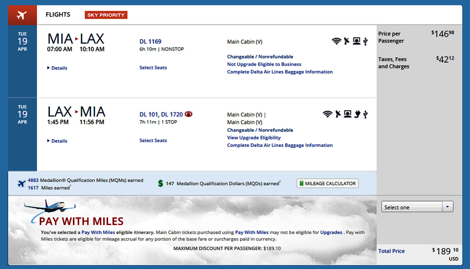 Miami to Los Angeles $189 & 4883 MQMs at 3.9CPM Delta Air Lines Elite Mileage Run – Works Both Ways