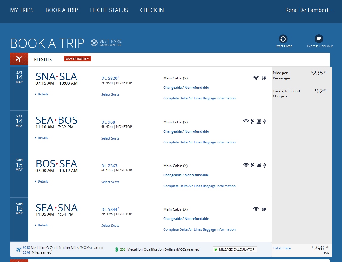 Santa Ana to Boston $247 & 6948MQMs at 3.6CPM weekday Delta Elite Mileage run (weekends at 4.3CPM)