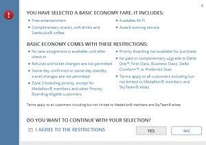 warning popup box for delta basic e class fares