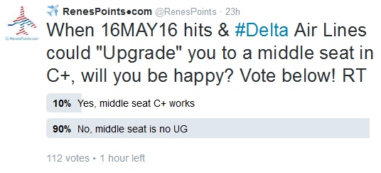 Delta.com purchase POP-UPs, AMEX points slow to post, middle seat “upgrade” poll & more.