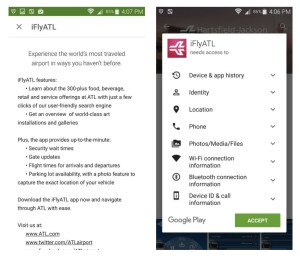 info about the iflyATL app including permisions