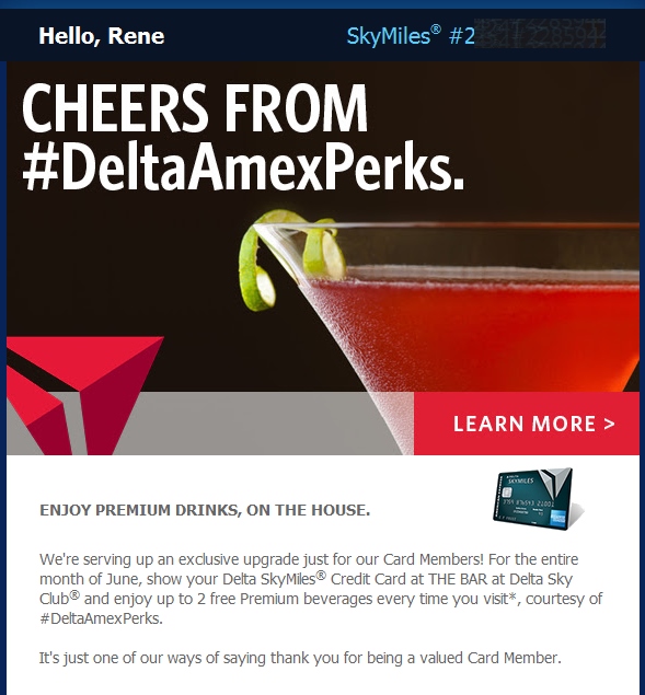 Delta AMEX card holders get 2 premium* drinks in Sky Club per visit during June! #DeltaAmexPerks