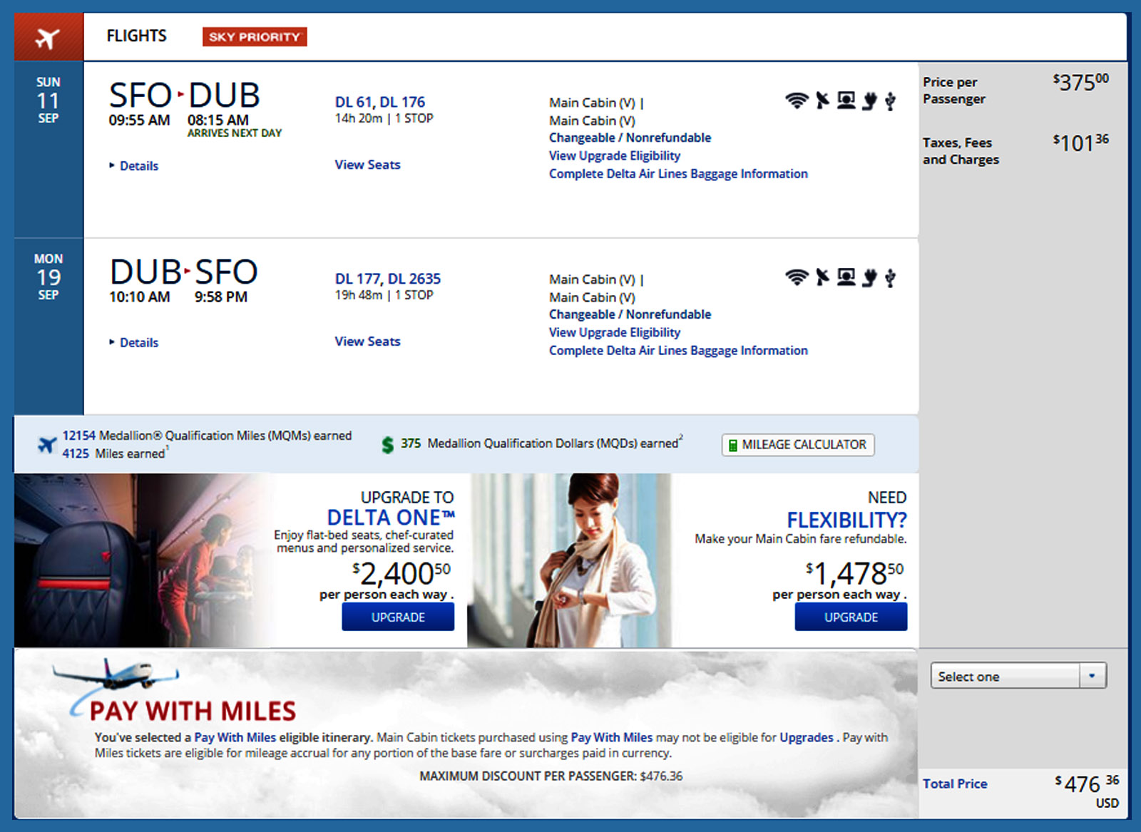 San Francisco to Ireland $477 & 12,154 MQM’s at 3.9CPM Delta Elite Vacation Run / Fare