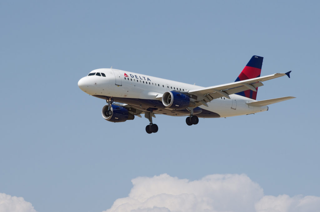 Delta Airlines Airbus A319 (registration N354NB) in flight shortly before landing at the Los Angeles World Airport (LAX).