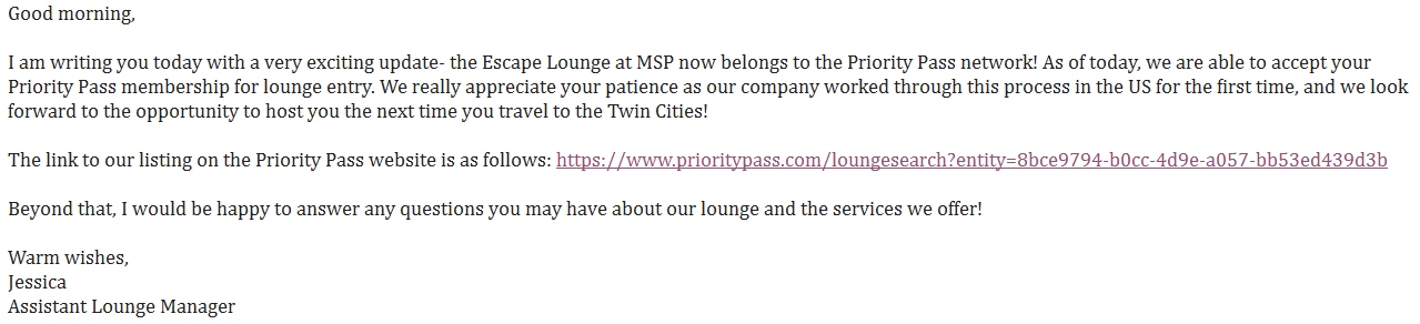 GREAT NEWS – MSP Escape Lounge is now part of Priority Pass lounge network!