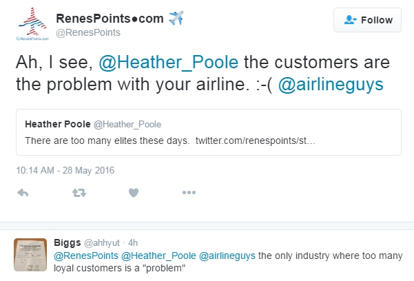 Are too many elite customers ever a “problem” for an airline? Are customers ever wrong?