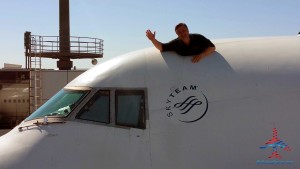 rene with head out the 747 escape hatch NRT airport RenesPoints blog - small