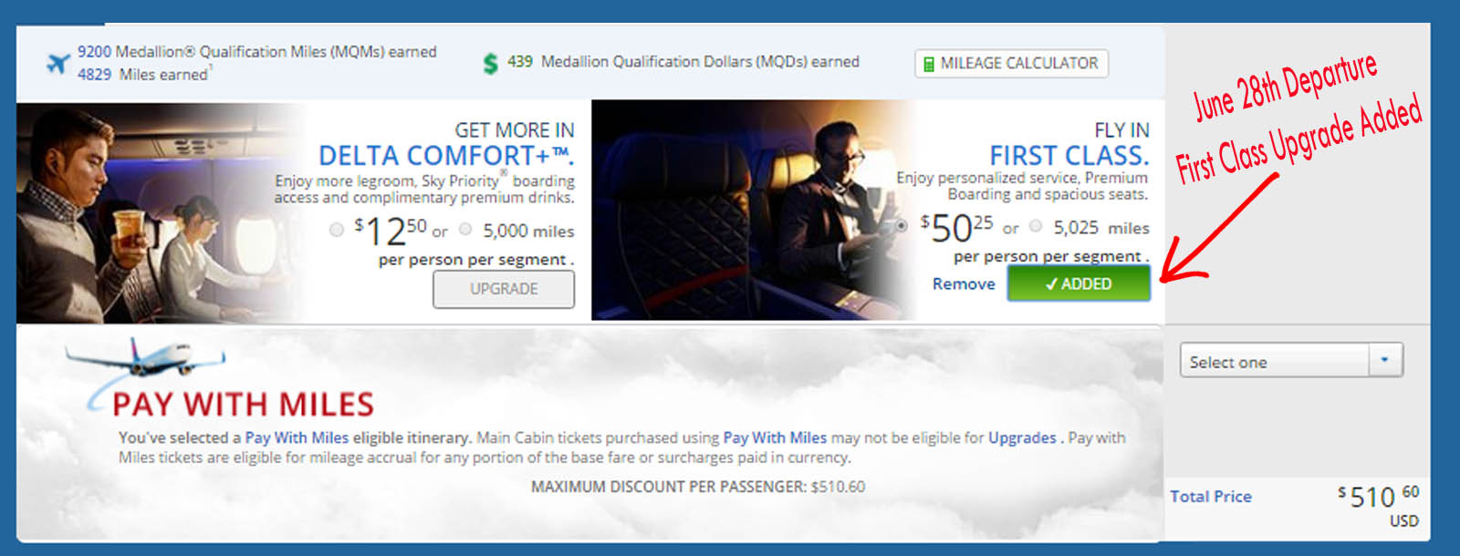 Dallas to San Francisco $511 Delta First Class Elite Mileage Run at 5.6CPM
