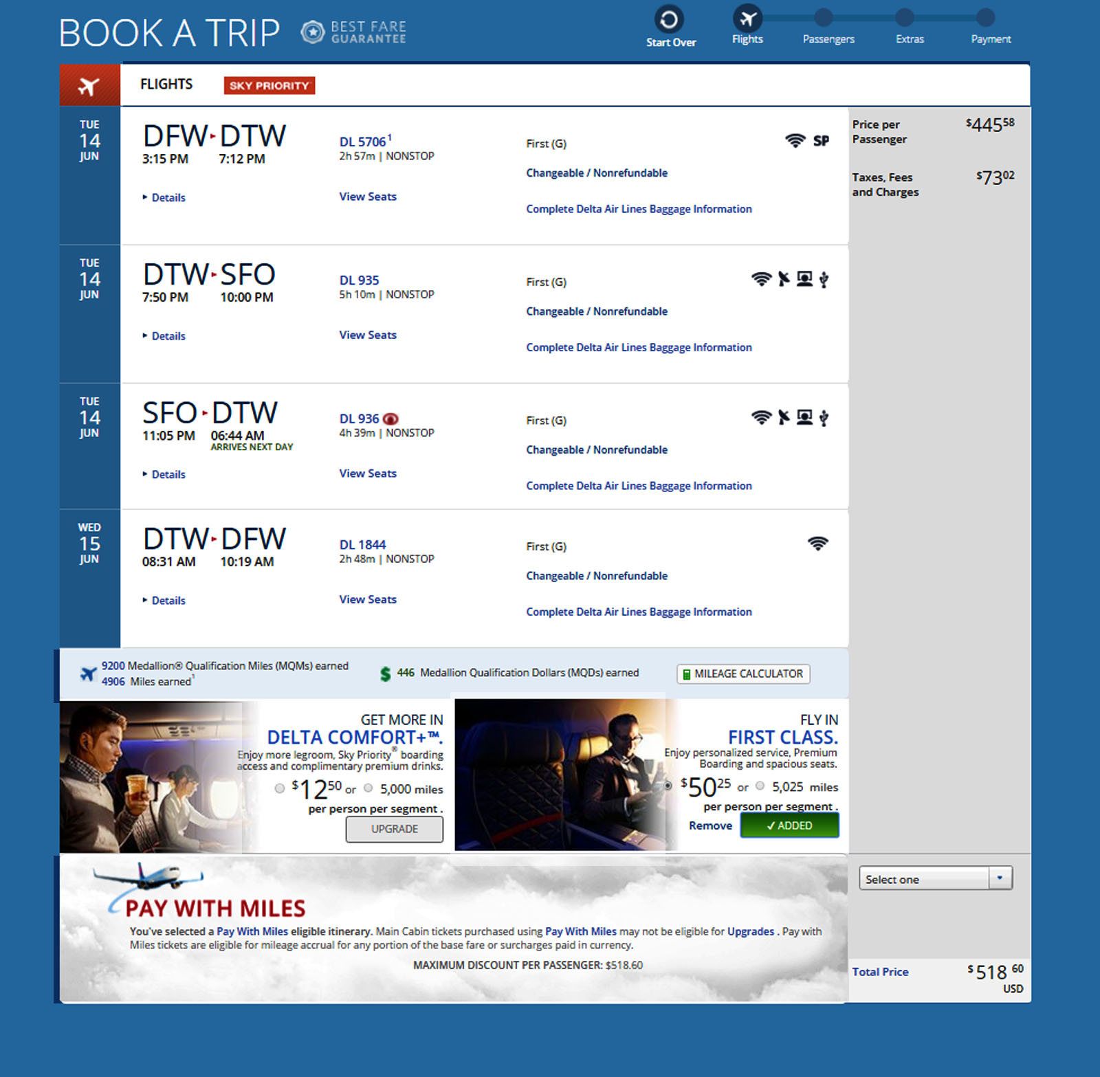 Dallas to San Francisco $511 Delta First Class Elite Mileage Run at 5.6CPM