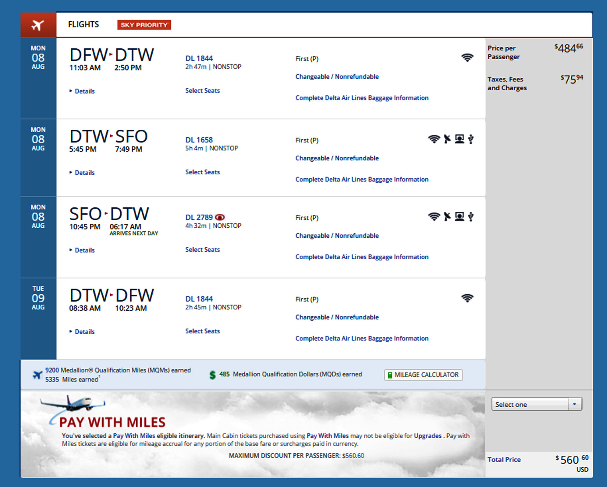 Dallas to San Francisco 1st class $561 at 6.1CPM Delta Elite Mileage Run