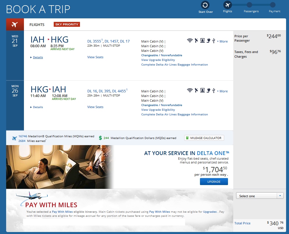 Houston to Hong Kong $341 & 16746MQMs at 2.1CPM long weekend Delta Elite Mileage Run