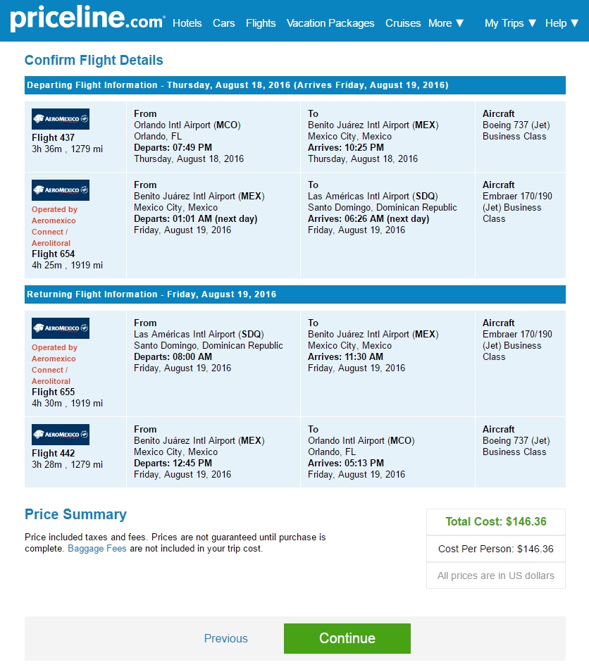 Orlando to Dominican Republic business class $146 & 9609 at 1.5CPM AeroMexico / Delta Elite Mileage Run