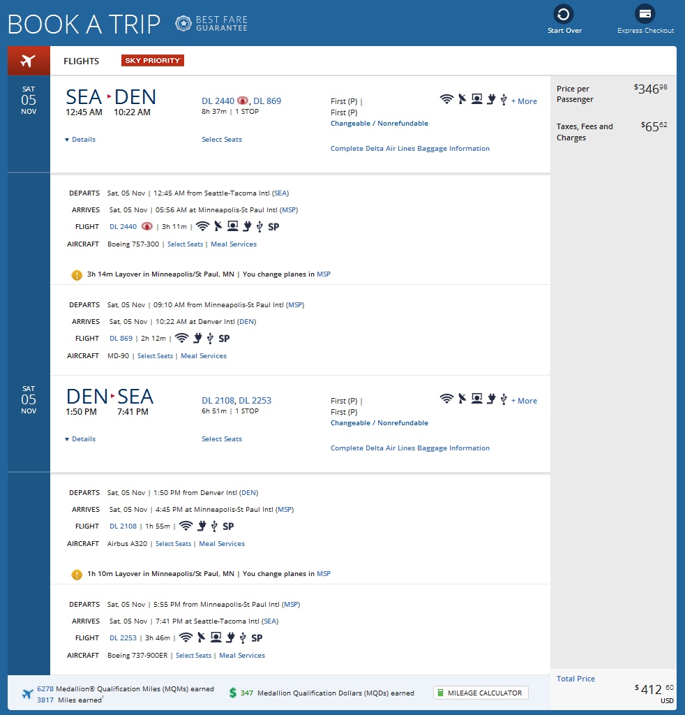 Seattle to Denver (via MSP) $176 & 4184MQMs at 4.2CPM weekend 1 day Delta Elite Mileage Run