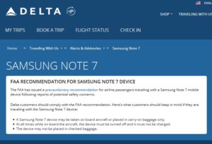 delta samsung note 7 do not use onboard notice