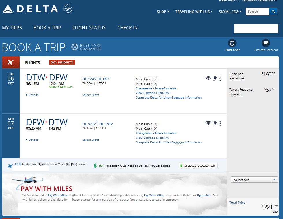 Detroit to Dallas (via SLC) $203 & 4938MQMs at 4.1CPM Weekday Delta Elite Mileage Run